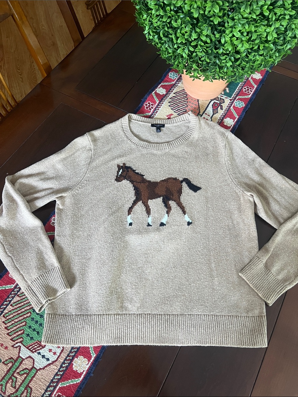 Talbots Beige Crewneck Sweater with Brown Horse Intarsia
